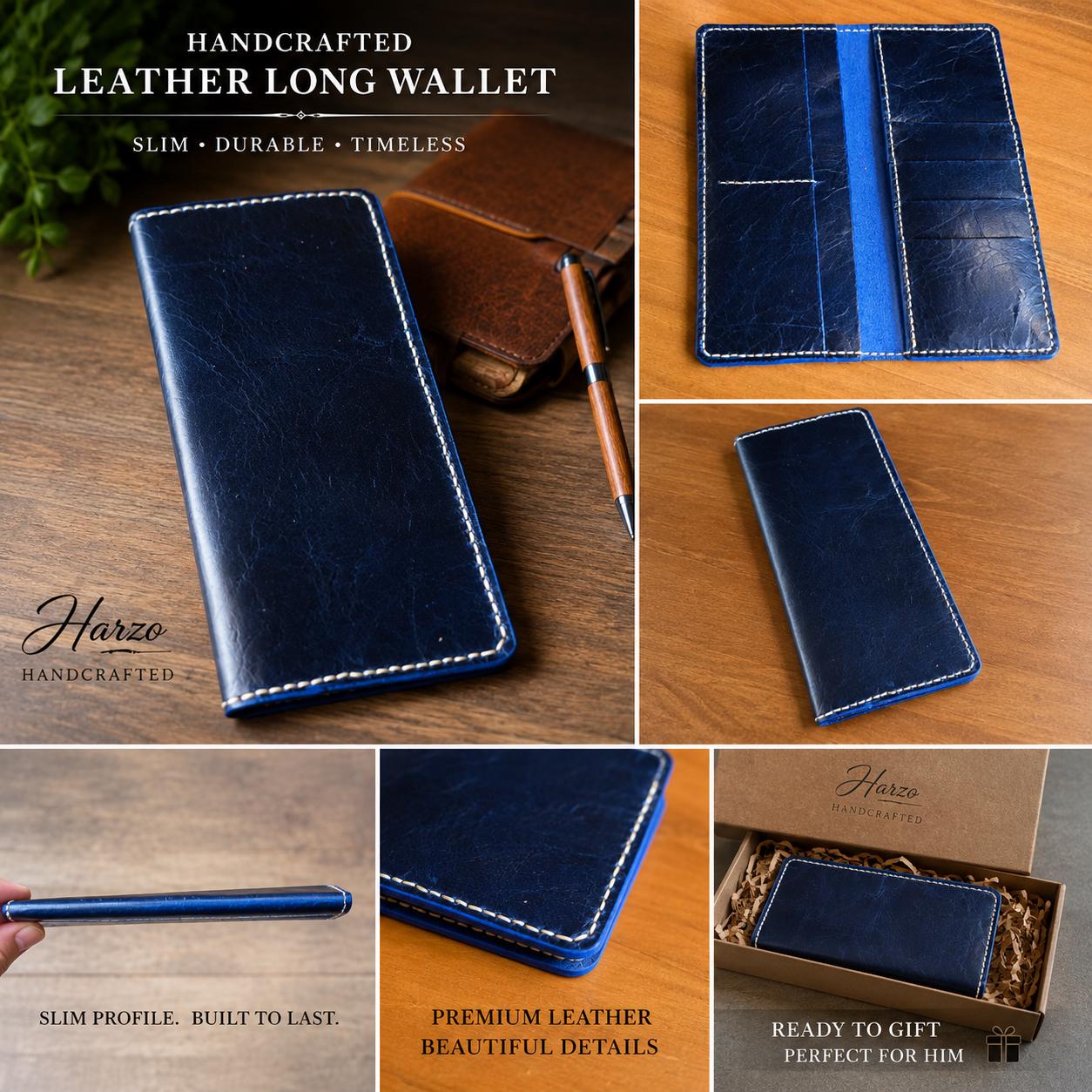 Blue Full Grain Leather Long Wallet | Slim Bifold, 6 Card Pockets, Cream Stitching