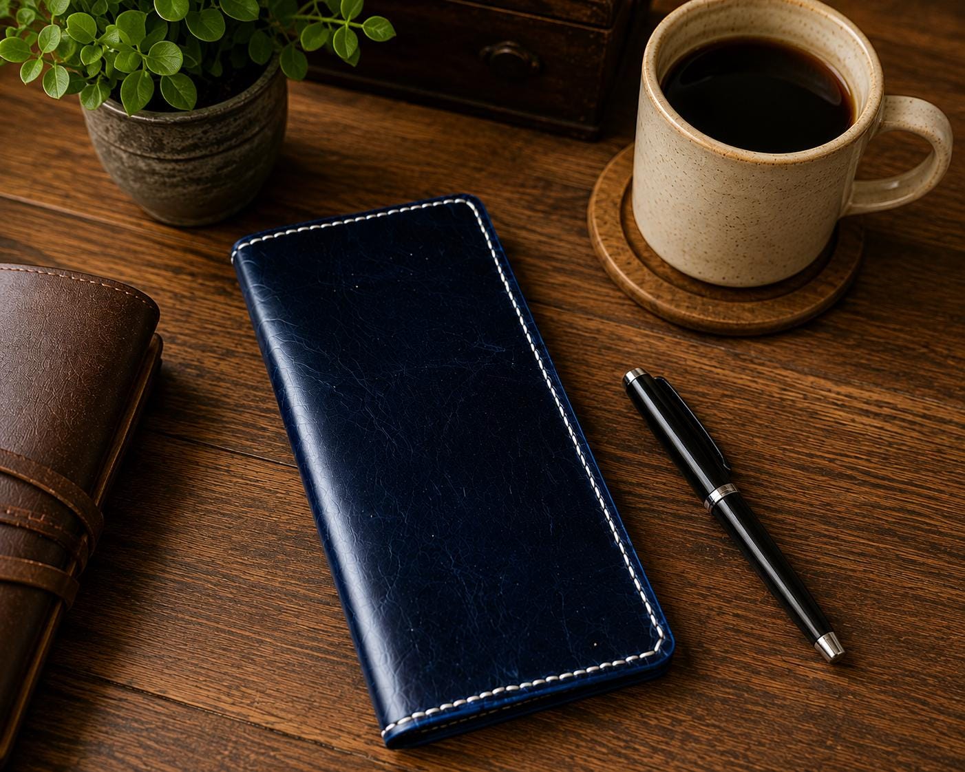 Blue Full Grain Leather Long Wallet | Slim Bifold, 6 Card Pockets, Cream Stitching