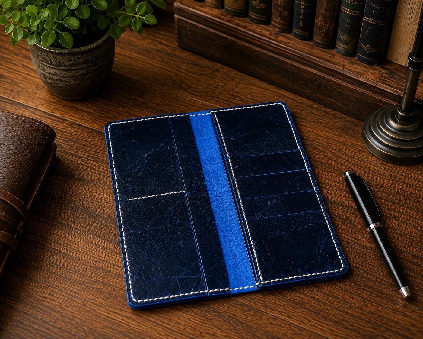 Blue Full Grain Leather Long Wallet | Slim Bifold, 6 Card Pockets, Cream Stitching