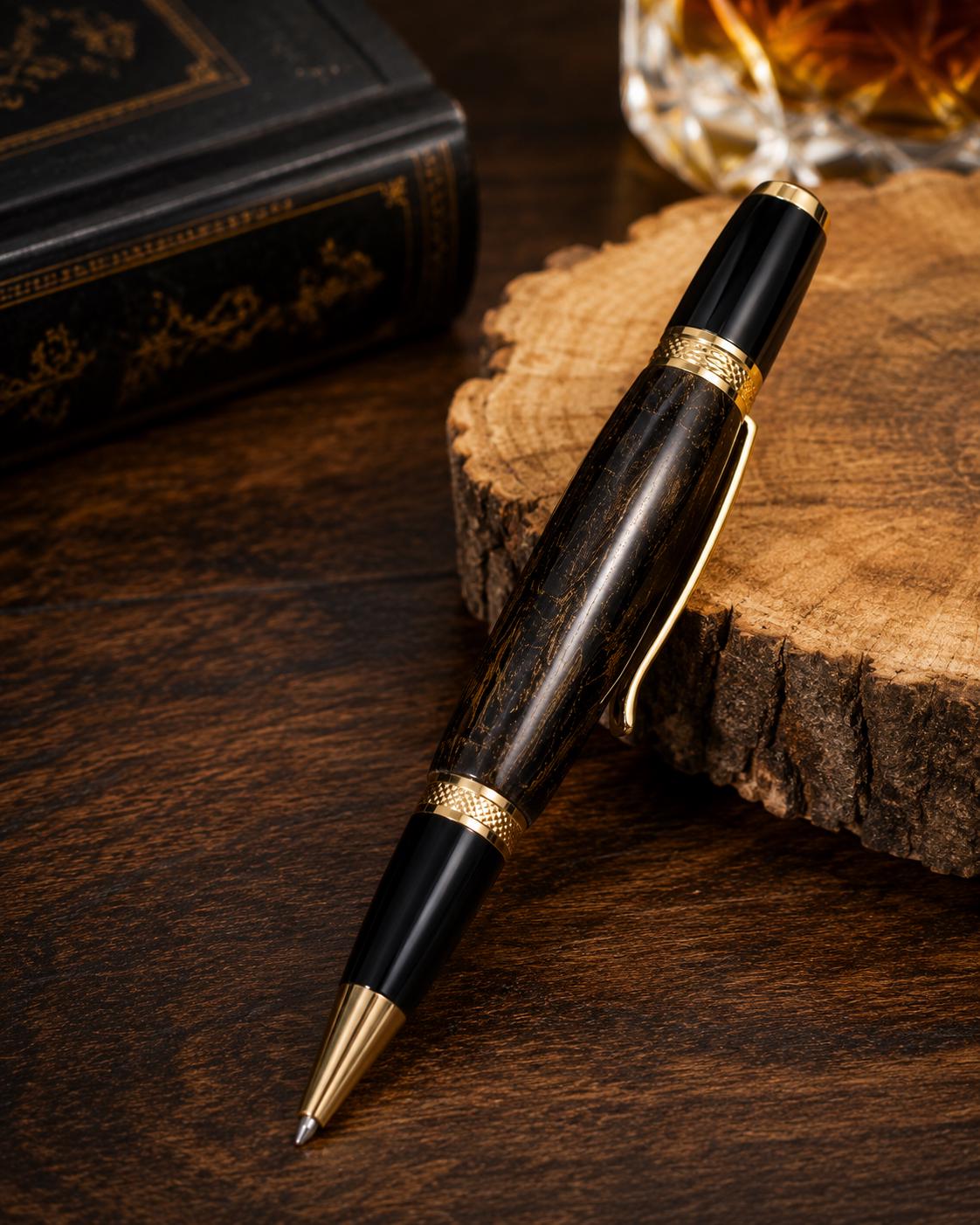 Handmade Dyed Maple Burl Pen, Black & Gold Executive Writing Instrument (Kentucky Crafted)