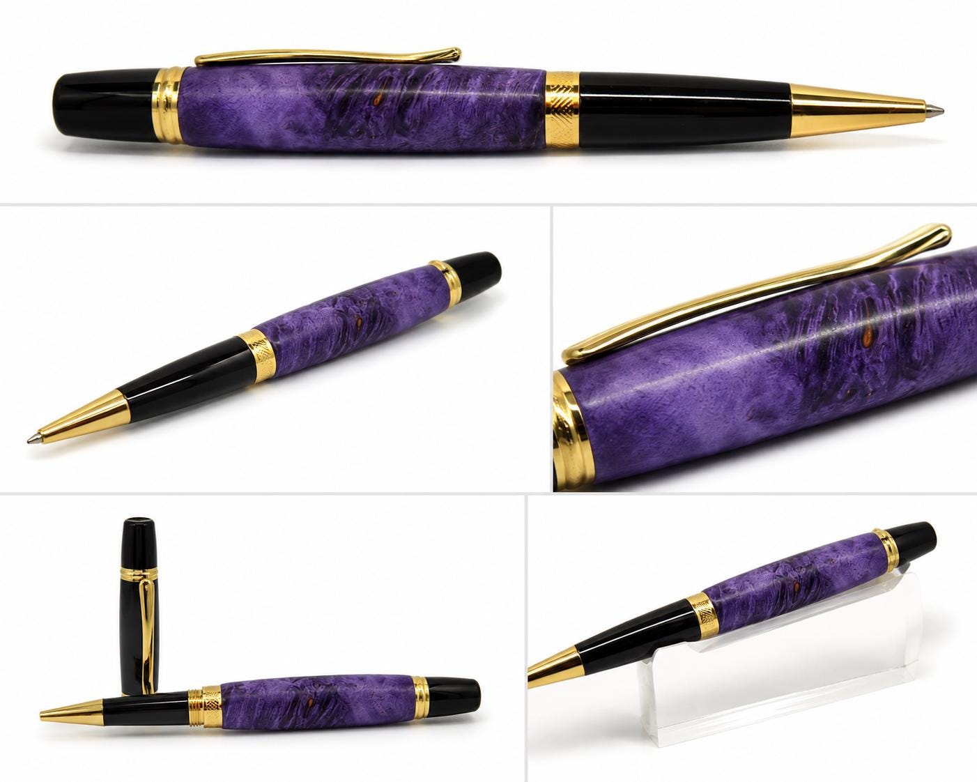 Handcrafted Purple Dyed Maple Burl Pen | Luxury Executive Ballpoint (Unique Grain)