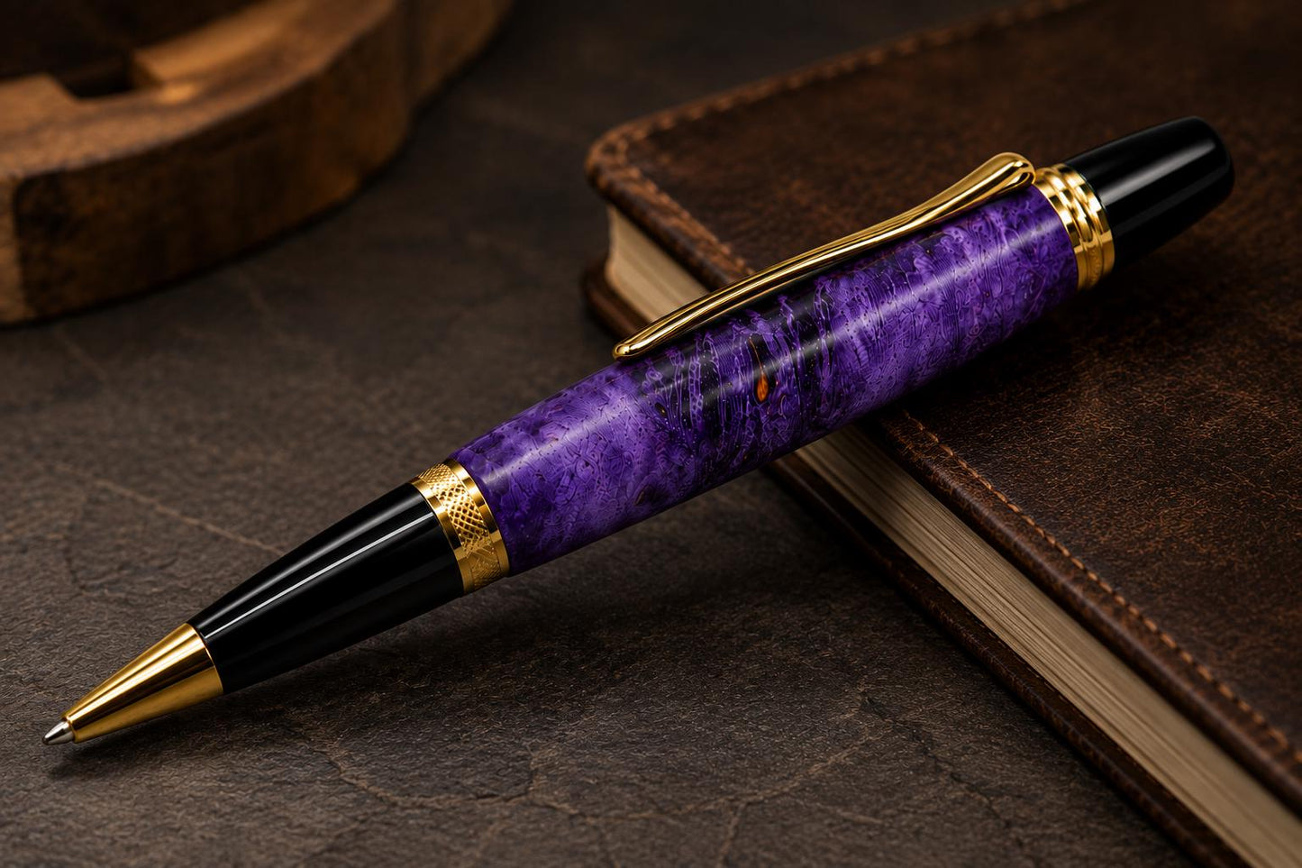 Handcrafted Purple Dyed Maple Burl Pen | Luxury Executive Ballpoint (Unique Grain)