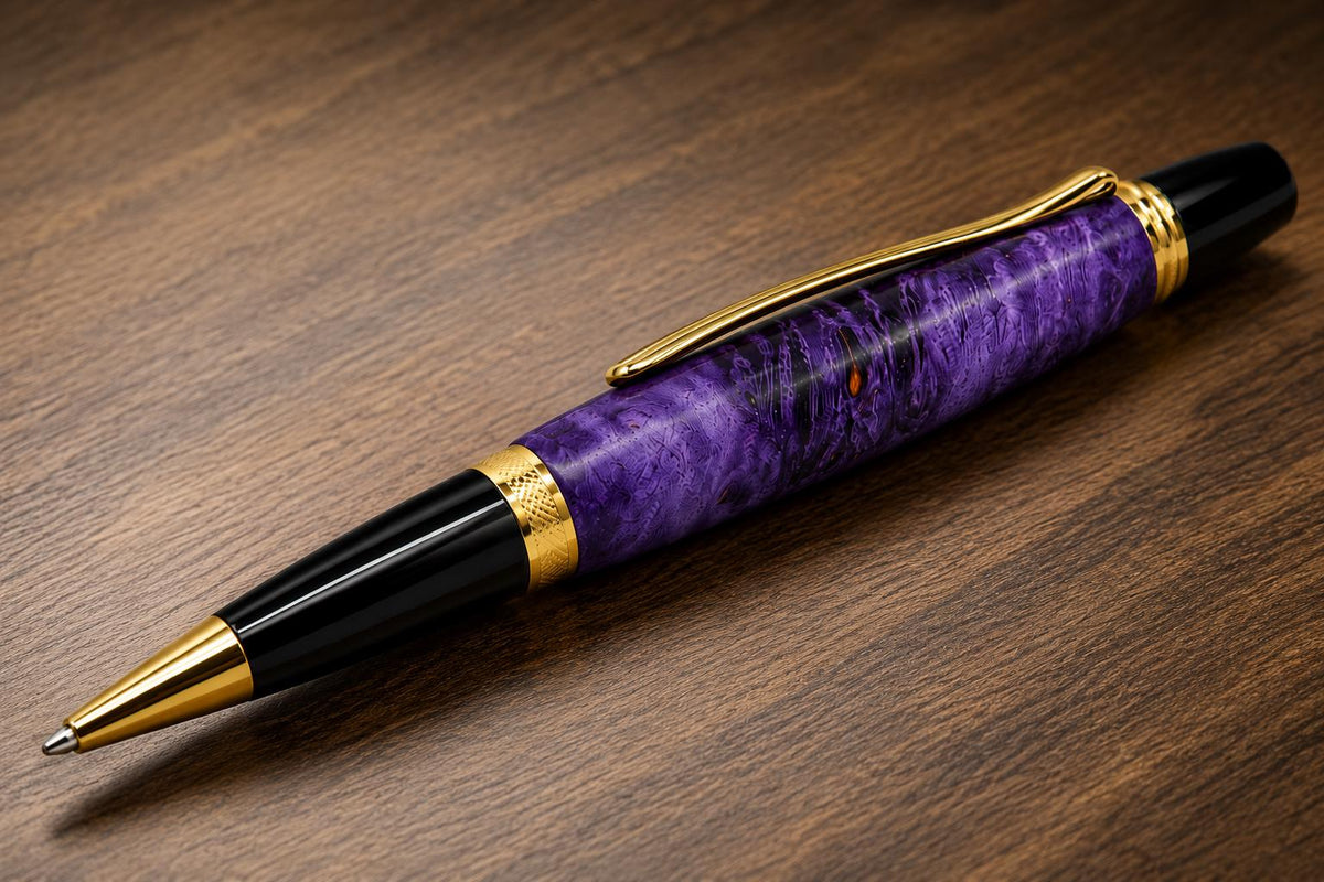 Handcrafted Purple Dyed Maple Burl Pen | Luxury Executive Ballpoint (Unique Grain)