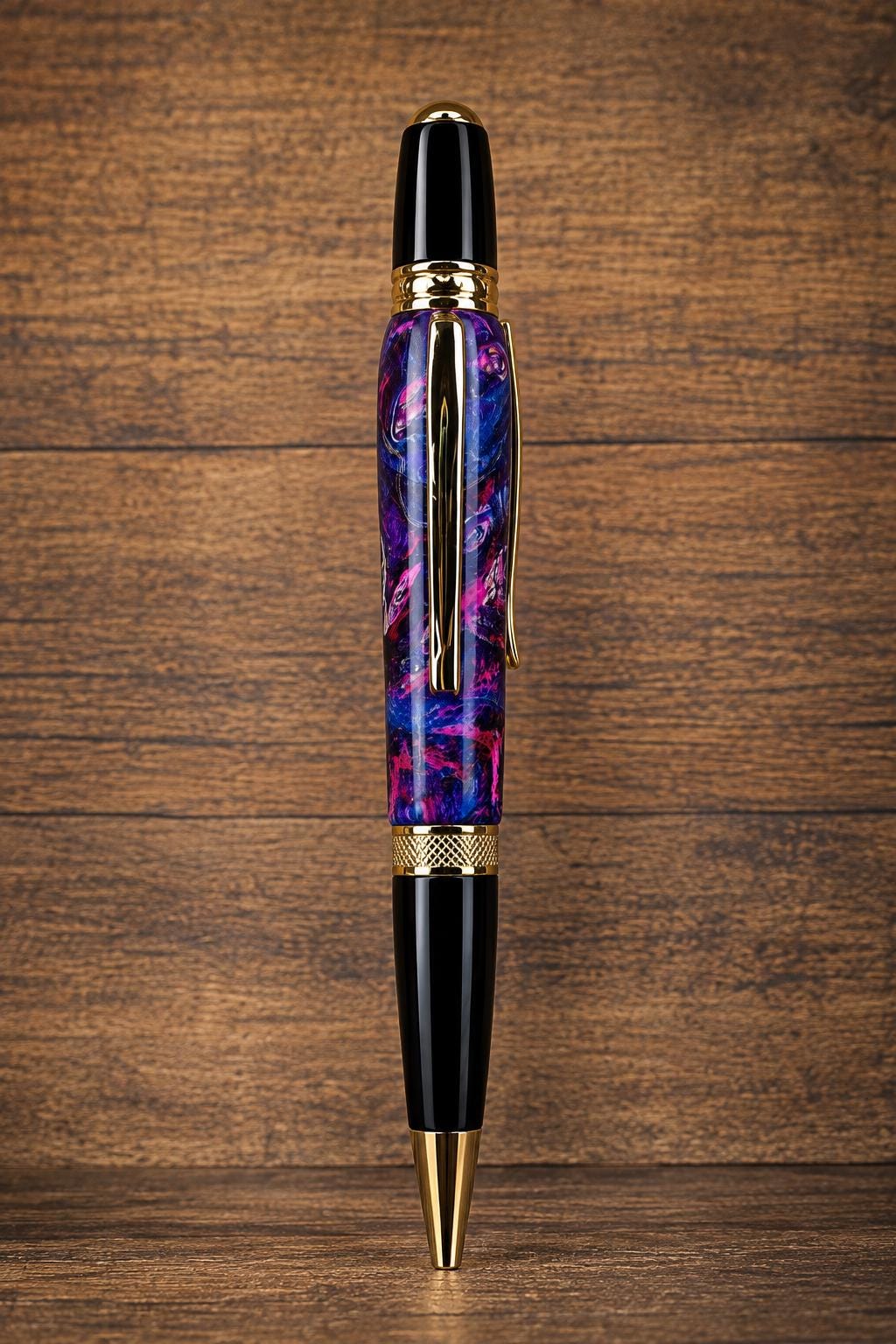 Handmade Maple Burl Pen – Purple Blue Dyed Galaxy Finish, Gold Accents