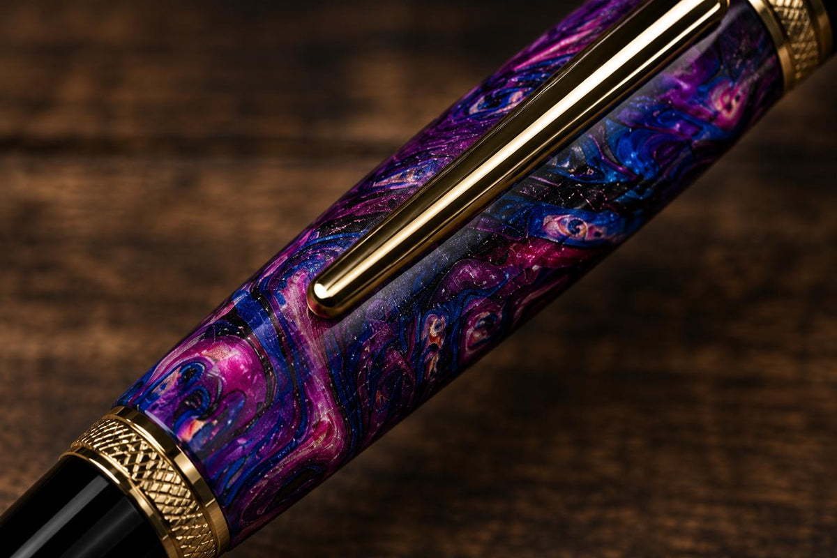 Handmade Maple Burl Pen – Purple Blue Dyed Galaxy Finish, Gold Accents