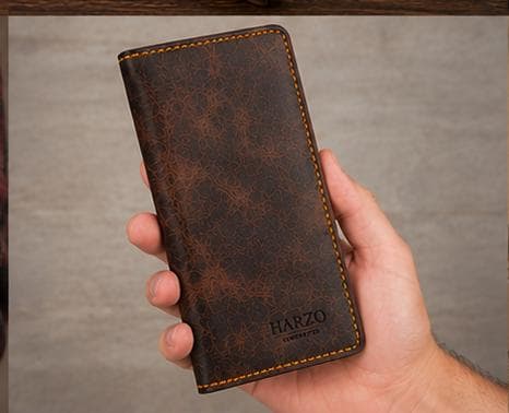 Handmade Goatskin Long Wallet, Dark Brown Distressed Leather, Hand Stitched Bifold