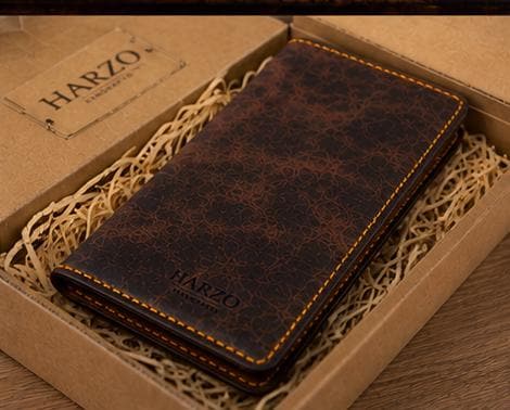 Handmade Goatskin Long Wallet, Dark Brown Distressed Leather, Hand Stitched Bifold