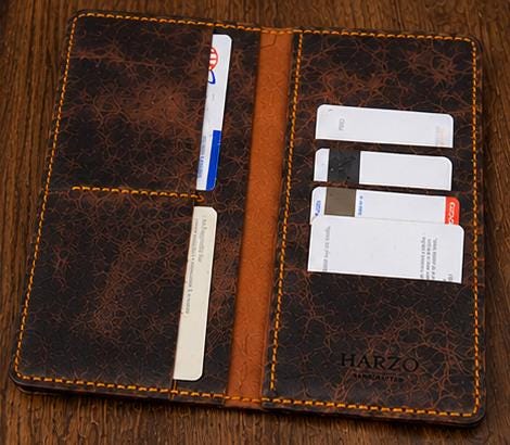 Handmade Goatskin Long Wallet, Dark Brown Distressed Leather, Hand Stitched Bifold