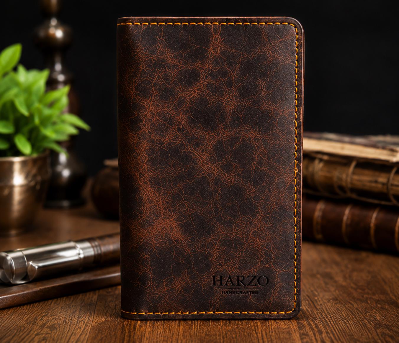 Handmade Goatskin Long Wallet, Dark Brown Distressed Leather, Hand Stitched Bifold